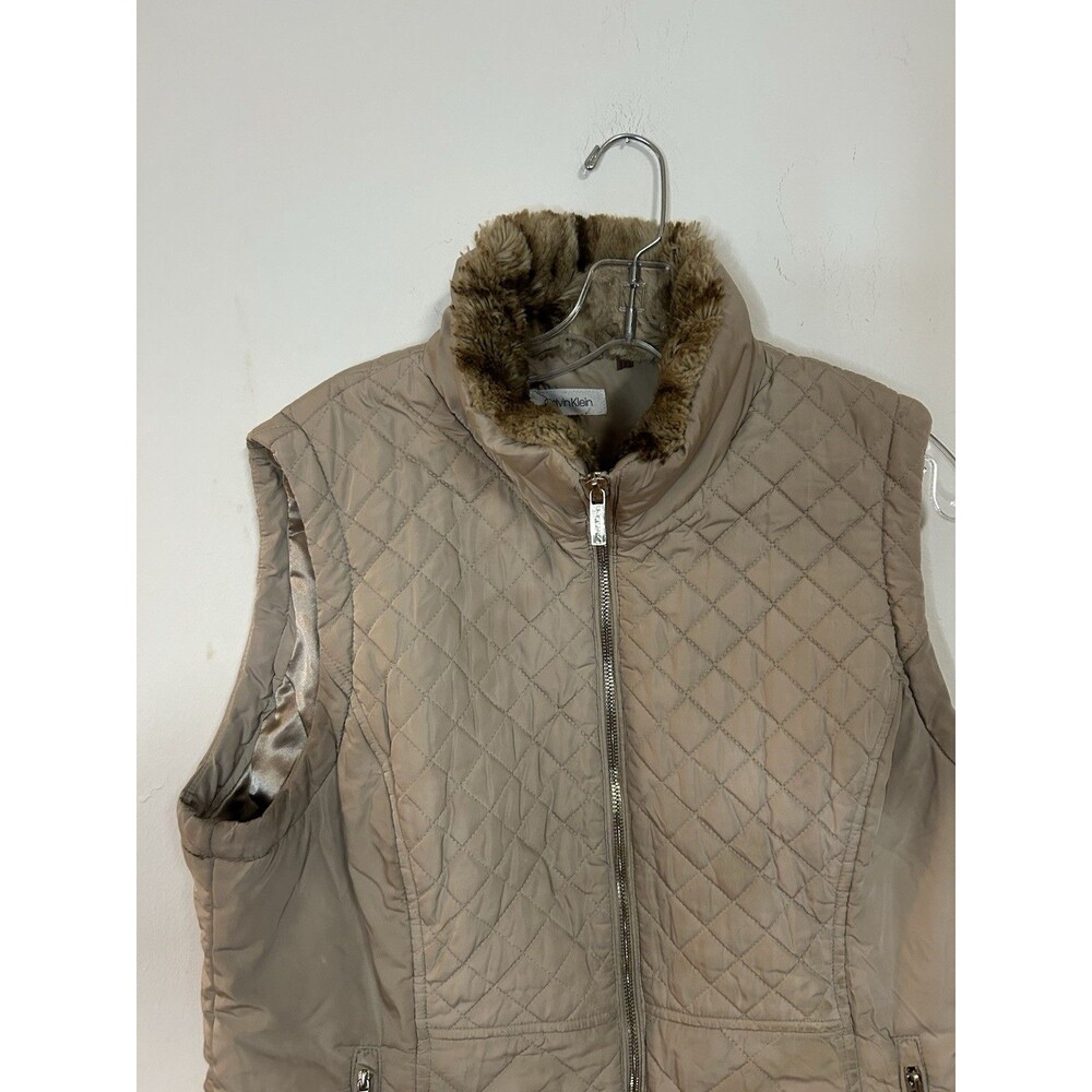 Calvin Klein Quilted Puffer Vest Faux Fur Collar Beige Women’s XL - Picture 3 of 9